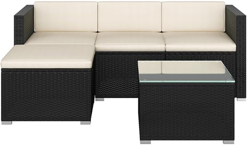 Yaheetech 5-Piece Garden Furniture, Rattan Modular Lounge Sofa, Black/Beige | Outdoor Handwoven PE Rattan Set | With Tempered Glass Table & Water-Resistant Cushions | For Patio, Balcony & Backyard