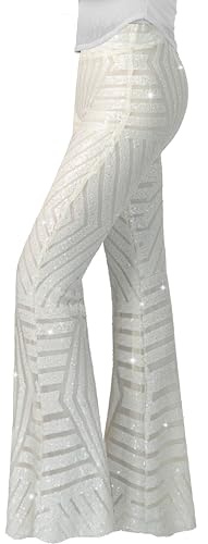 Nawgut Sequin Flared Pants, Glittery, High Waist, Bell Bottom, Disco, Party, Clubwear for Women, White/Opulent Garden, L