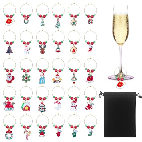 APKOL 30 Pezzi Segnabicchieri Marcatori di Ciondoli per Bicchieri di Vino, Tema Natale Segna Bicchieri Calici Charms, Ciondoli per Distinguere i Bicchieri da Vino per Champagne Cocktail Decorazioni