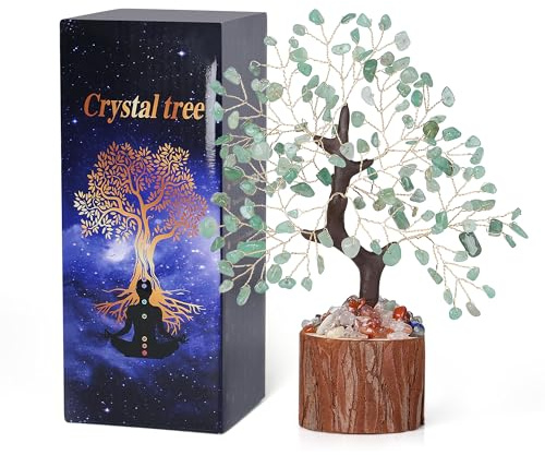 QINJIEJIE Grün Aventurin Kristallbaum Lebensbaum Feng Shui Geldbaum für Positive Energie, Handgemachte Schreibtisch Deko, Spirituelles Geschenk für Frauen und Männer als Baum des Lebens