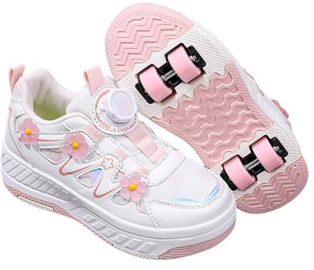 Surwin Chaussures roulettes Enfant 4 Roues, Chaussures de Skateboard Fille Garçon Basket à roulettes 2 en 1 Boucle Rotative Décoration Fleur Basket Roller Enfant 30-40 EU