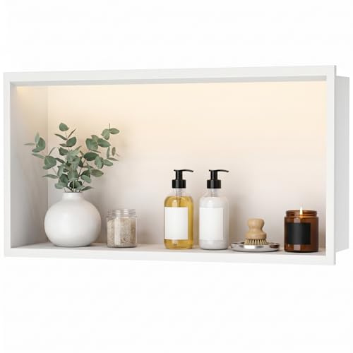 Ducha de 60 x 30 cm, nicho de pared de acero inoxidable 304, nicho de ducha empotrado con iluminación LED y transformador, resistente al agua, nicho de pared, ducha, estante individual, almacenamiento