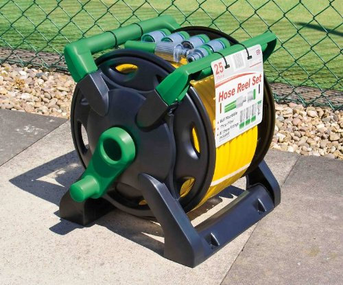 UK Made Garden Thru Feed Hose Reel Set with 25 Metre Hose and 6 Connectors. Free Standing and Can be Wall Mounted. (X7082) Free UK Postage