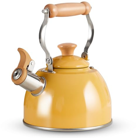 ROCKURWOK Tea Kettle, Tea Pot with Cool Touch Ergonomic Handle, Teapot Food Grade Stainless Steel, Tea Kettle Stovetop, Kettle Teapot, Whistling Tea Kettle, Small Tea Kettles, 1.6 Quart (Yellow)