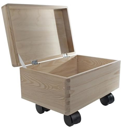 WooDeeDoo Rectangular Wooden Underbed Storage Box with Hinged Lid and Wheels – Plain Pine Keepsake Chest for Toys Crafts Memory Storage 6L – Unfinished Box to Decorate – 30 x 20 x 19 cm