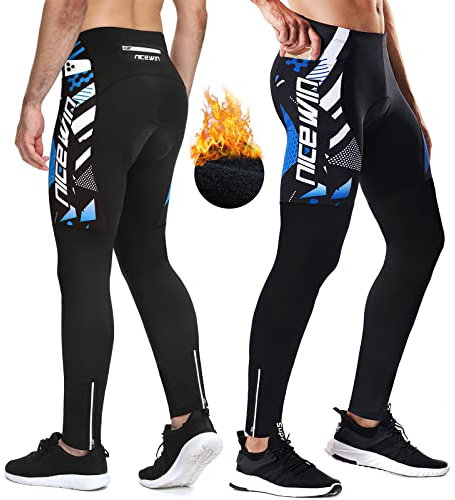 NICEWIN Pantalones de Ciclismo para Hombre Pantalones Acolchados en 3D para Bicicleta de Carretera Medias largas con Bolsillos para Andar en Bicicleta al Aire Libre Polar Azul M