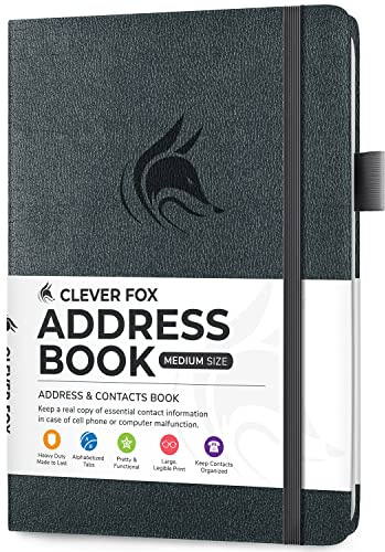 Clever Fox Address Book with alphabetic tabs - PU Leather Telephone and Address Book for Keeping Contacts Safe, Contact Organizer Journal, Medium Size (13.5 x 19cm) Hardcover, Silver Black