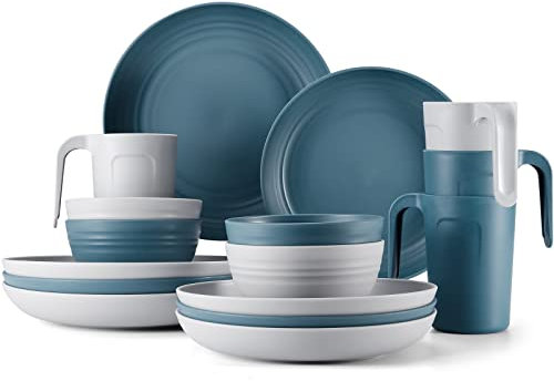 Odoland Unzerbrechliches Geschirr Set, Wiederverwendbar Camping Geschirr Set für 4 Personen, 17 Teiliges Plastikgeschirr Picknick Leicht Kunststoff Servierteller mit Teller Schüssel Tasse