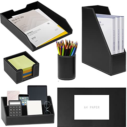 XNONE Set Scrivania Ufficio Pelle Pu,Organizzatori da Scrivania 6 Pezzi,Incluso Blocco Scrittoio,Vassoio di Carta,Porta Riviste,Portapenne,Porta Note,Ordinatore di Lettere,Personale e Regalo,Nero