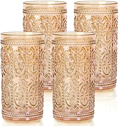 abrwyy Amber Drinking Glasses, Vintage Glassware, 12oz Highball Glasses