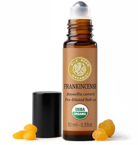 Silk Road Organic Frankincense Carterii Essential Oil Roll On, 100% Pure USDA Certified Aromatherapy for Radiant Skin, Body Aches, Stress Relief, & Calm - 10 ml Roller