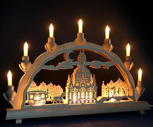 Schlick & Türk Schwibbogen Frauenkirche Dresden - Stadtmotiv - 51cm, 7 Kerzen + Vorbeleuchtung - Feine Handarbeit aus dem Erzgebirge - Weihnachten erzgebirgischer Lichterbogen