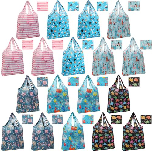 Weewooday 18 Pieces Foldable Reusable Shopping Bags Machine Washable Grocery Bags Waterproof(Animal Style)