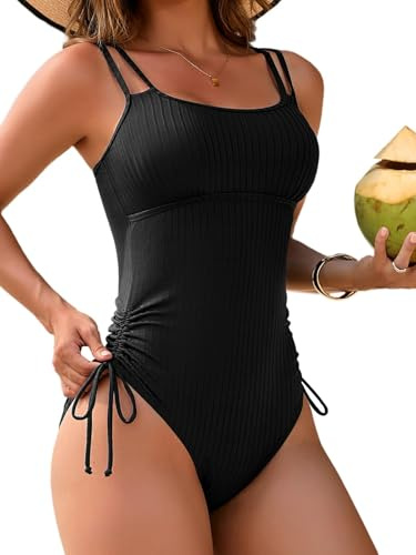 Charmo Drawstring High Cut Tie Side Bathing Suit One Piece Tummy Control Swimsuit Ruched Monokini Black S