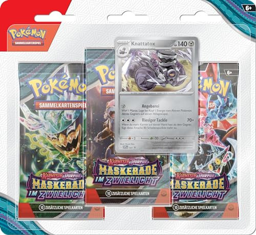 Pokémon Sammelkartenspiel: 3er-Pack-Blister Karmesin & Purpur - Maskerade im Zwielicht: Knattatox (3 Boosterpacks & 1 holografische Promokarte)