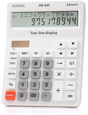 DUPOTA Taschenrechner Tischrechner Große Tasten 2 zeilig Extra Großes Display 12-stelliger Tischrechner Bürore mit Mehrwert Steuer Funktion Weiß Mittlere Größe (OA-635)