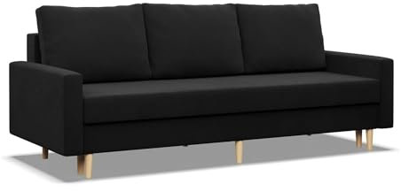 Mebligo - Sofa mit Schlaffunktion und Bettkasten Blank, 3 Sitzer Sofa 212 cm Breit, Schlafsofa, Ausziehbares Couch auf Holzfüßen,Schlafcouch - Schwarz