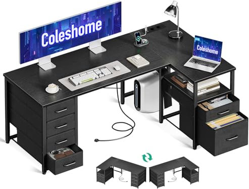 Coleshome Schreibtisch mit Stoff Schubladen, Umkehrbarer Schreibtisch L Form mit Aktenschublade, Eckschreibtisch mit USB-Ladeanschluss und Steckdose, Home Office Schreibtische (Schwarz, 140x70cm)