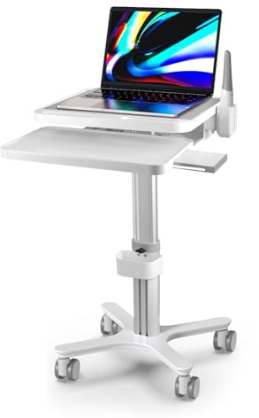 Kalolary Chariot Médical Mobile pour Ordinateur Portable, Chariot de Moniteur Médical à Roulettes Réglable en Hauteur avec Support pour Scanner Oral et Étagère à Clavier Coulissante