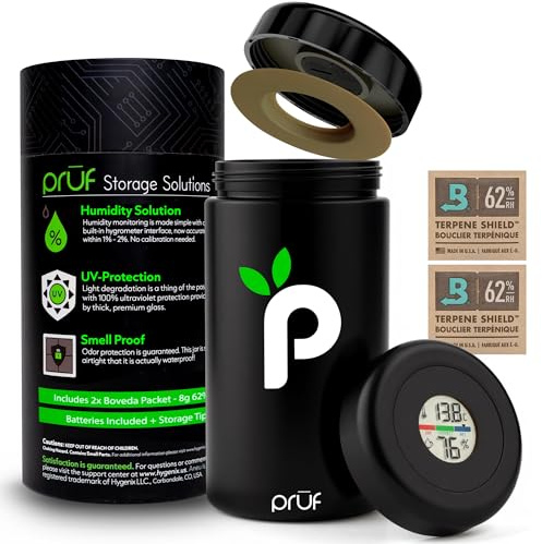 Prūf Controlled Environment Airtight Storage Jar with Hygrometer – UV-Protected Glass Container for Coffee Beans, Tea, Spices & Aromatic Goods – Locks in Freshness – Includes Humidity Packs – 500ml