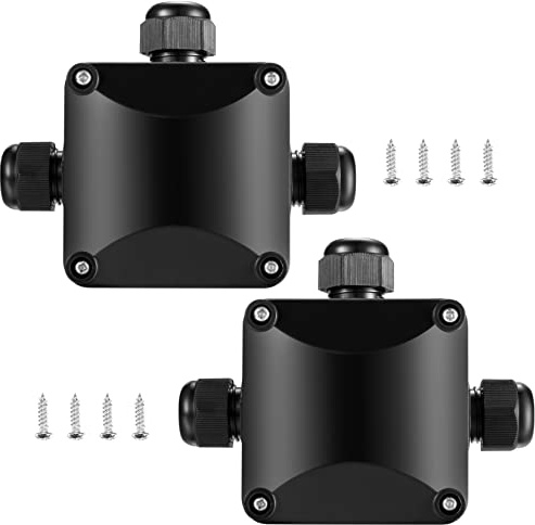 2 Pcs Junction Boxes Waterproof, IP68 3-Way Cable Wire Connectors Gland Electrical Boxes, Black External Outdoor Electrical Lighting Cable Junction Box for Ø5.5mm-10.2mm