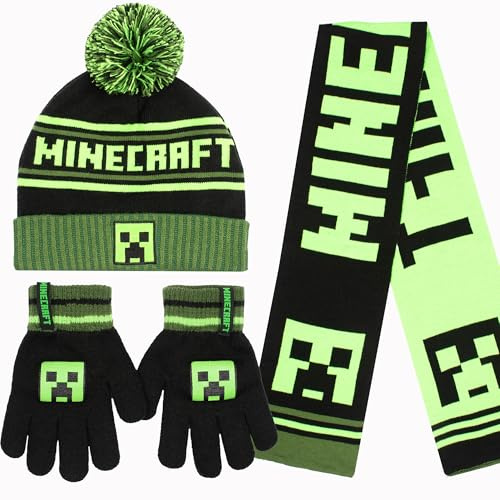 Minecraft Winter Hat & Gloves Set for Boys – Warm & Cosy Beanie Hat & Gloves – Perfect for Kids Ages 6-12