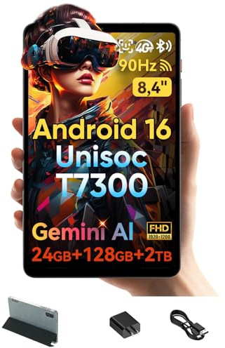 BNCF 8.4 Android 16 Tablet con Gemini AI, Unisoc T7300 Octa-Core 24(8+16) GB RAM 128GB ROM 2TB TF, FHD 90Hz Portátil BPad T1, Cámara 13MP 4G LTE & Wi-Fi 6 & BT5.4 & GPS 5500mAh con Funda Protectora
