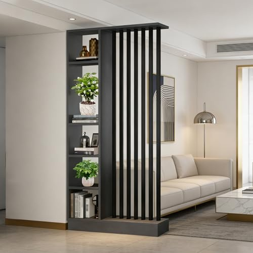Vägg Rumsavdelare med förvaring hylla, entréhallsavdelare från golv till tak, tillverkad av massivt trä, enkel att montera, lämplig för hem- eller kontorsinredning (A Black + Gray, 100cm)