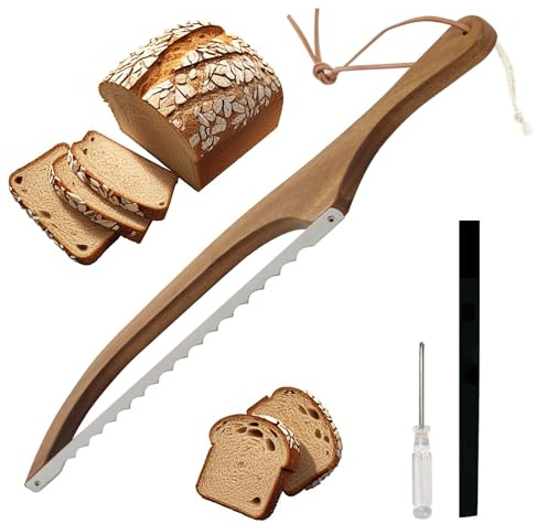 Brödkniv med trähandtag, brödskärare med fodral för hembakat bröd, tandad rostfri slipning för rena snitt, lämplig för bröd och baguetter, med skruvmejsel för justering