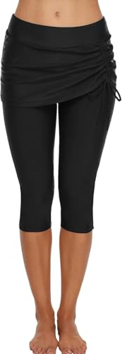 ECUPPER Women's Mid Waist Swimming Capris Shorts Knee Length Swim Leggings Bottom Pants Black L