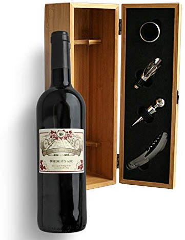 CADEAUX.COM Wein Geschenk Box - Dekantierset Sommelier Set, 4 Weinzubehör und 1 personalisierbare Rotweinflasche Bordeaux aus Frankreich