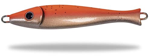 Rhino Premium Big Head Pilker Angelköder für das Meeres-Angeln Kunstköder für große Tiefen in Norwegen in klassicher Form, scharfe und stabile Drillings-Angelhaken, orange/Silber, 300 g