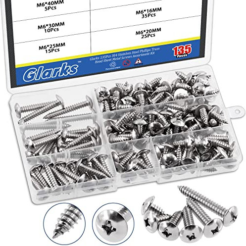 Glarks 135Pcs M6 x 12mm/16mm/20mm/25mm/30mm/40mm 304 Stainless Steel Phillips Truss Head Sheet Metal Tek Screws Assortment Kit, 6 Size Metric Pan Head Self Tapping Wood Screws Set