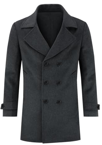 Allthemen Cappotto di Lana da Uomo Inverno Doppiopetto Coat Invernale di Media Lunghezza Caldo per Il Business Grigio Scuro 3XL