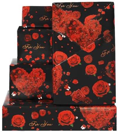 Lot de 4 feuilles de papier cadeau de mariage motif rose, cœur noir et rouge, 4 feuilles pliées pour fête prénuptiale, anniversaire, Saint-Valentin, anniversaire, fête des mères, 50,8 x 73,7 cm