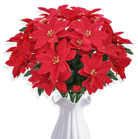 ROLLWAY 3 Bouquet Poinsettia Artificiel Rouge - Fleur de Noël Artificielle pour Décoration Intérieur Extérieur - Faux Bouquet pour Maisons et Vacances