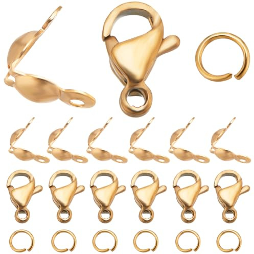 Beebeecraft 1 Caja de Accesorios para Hacer Joyas Chapado En Oro de 18 Quilates 100 Cubiertas de Nudos Puntas de Cuentas Plegables 50 Cierres de Pinza de Langosta 100 Anillos Abiertos para Hacer
