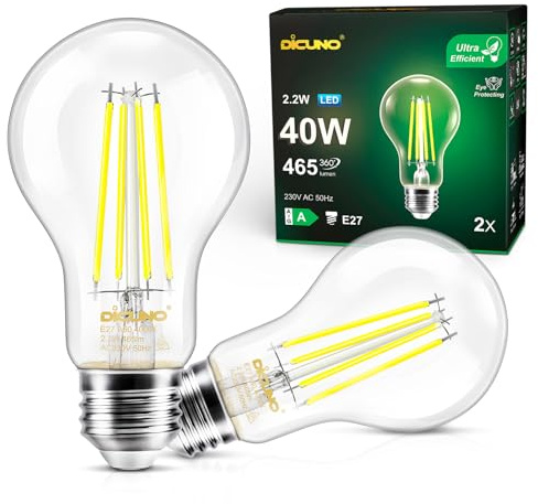 DiCUNO E27 LED Screw Bulb A Class 2.2W=40W Natural White 4000K 465LM 2Pcs | Ultra Efficient Clear Filament Bulb A60 Edison Screw in Light, Non-dimmable