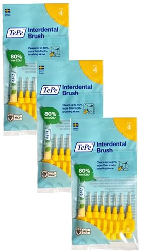 TePe Interdental Brush, Original, Yellow, 0.7 mm/ISO 4, 8pcs, Plaque Removal, efficient Clean Between The Teeth, Tooth Floss, for Narrow Gaps (Pack of 3)