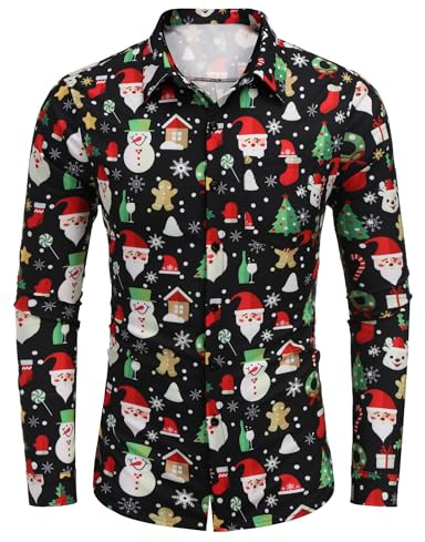 COOFANDY Camisa de Papá Noel con Estampado navideño para Hombre, Manga Larga, Funky Camisa Hawaiana de Navidad, Elegante diseño X-Mas con Santa Claus y muñeco de Nieve Negro S