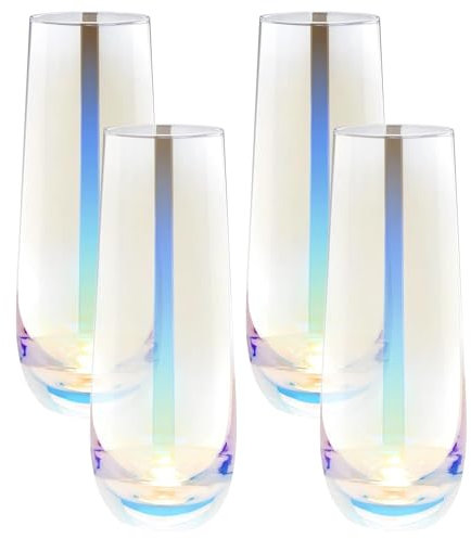 hosck 4 Pack Stemless Champagne Flutes, 300ml Iridescent Champagne Glasses for Party, Stylish Prosecco Glasses, Glass Cups for Champagne, Cocktail, Juice, Unique Gifts for Women, Men, Wine Enthusiast