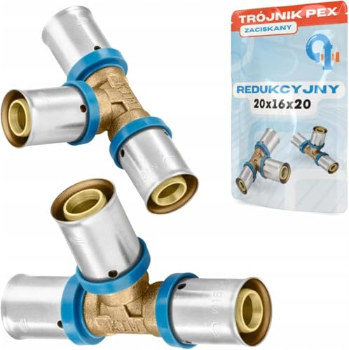 Rimex PEX T-stycke 20 x 16 x 20 mm, reducerare presskoppling, dricksvatten och uppvärmning, U-kontur, mässing, hylsa i rostfritt stål