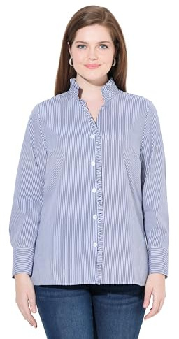 Ulla Popken Blusa a Rayas, Volante Fruncido, Cuello alzado, Manga Larga 829784