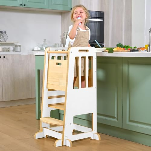 WINGYZ Toddler Tower - Anti-Tip Natural Wood Learning Stool for Kids 18M-6Y, 150lb Capacity Kitchen Helper Stool with 3-Height Adjustable Platform and Sliding Door Access, 20lb Portable Design, White