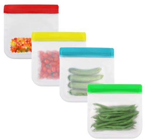 ASISUN Lot de 4 sacs de rangement réutilisables avec fermeture éclair et sac de collation réutilisables anti-fuite, sacs de congélation en PEVA pour nourriture, légumes, lait, collations, viandes