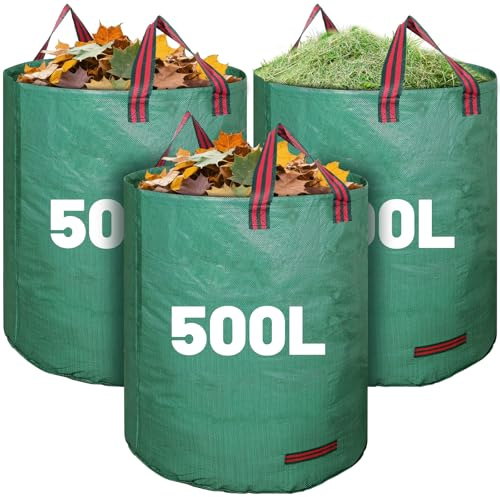 3 Pack 500L Large Garden Waste Bags with Handles, Heavy Duty Yard Bin Bags