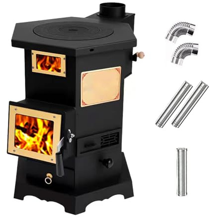 Stufa a Pellet, Stufa a Legna con Camino e Forno, Rivestimento Interno In Ghisa, per Riscaldare Cabine e Tende