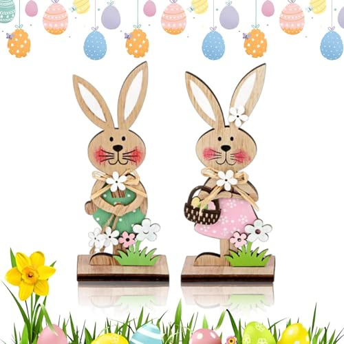 Shyllin Conejos de Pascua de Madera, Decoración de Pascua, Decoraciones de Pascua Conejito, Ideal para Decorar Mesas, Estanterías y Alféizares de Pascua, Serie de Adornos Adorables (Conejo Flores)