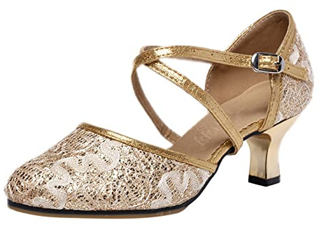 Generisch Zapatos de tacón para mujer Negro Cerrado, Zapatos de brillo Mujer Negro, Cómodas Sandalias con Correa de Tobillo Cruzada Tacón Bloque Zapatos de Noche Encaje Cerrado Zapatos Brillo Bombas