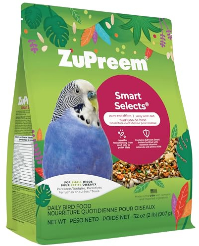 ZuPreem Smart Selects Daily Bird Food for Parakeet, Budgie, Parrotlet, Dove, Bird Pellets and Seed Blend, Core Nutrition for Small Birds, Made in USA, Parakeet Food, Budgie Food (S, 2 lb)